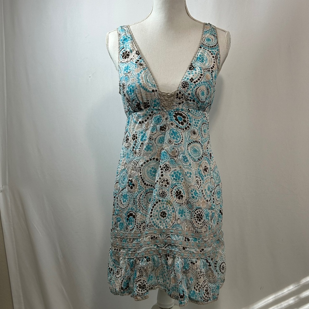 Free People‎ Mini Dress Size 8 Blue Brown Floral Print Sleeveless Summer